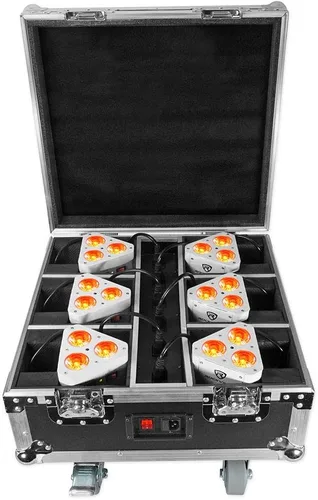 Rockville Rockwedge - Paquete blanco (6) luces inalámbricas de par con batería con estuche de carga, 6 en 1 RGBWA+UV, batería de 7500 mAh, control
