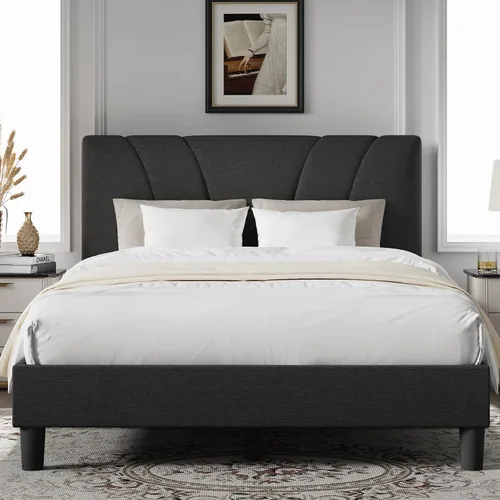 Miniatura 11 de Novilla Base de cama tamaño King con cabecera ajustable, marco de cama King, cabecera tapizada de tela de lino, no necesita somier, sin ruido, Beige