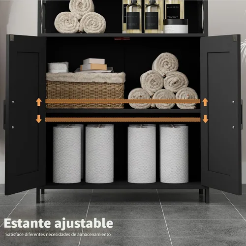 Miniatura 4 de Homhedy Armario de almacenamiento de baño con 2 puertas, gabinete de papel higiénico con estante ajustable, gabinete de baño pequeño para Negro