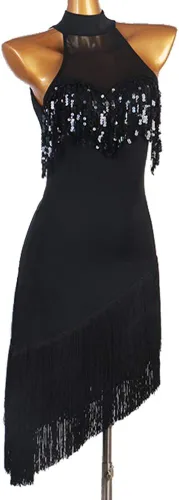 Miniatura 3 de Vestidos de baile latino con flecos para mujer, disfraces de competencia de cha cha, vestido de baile de baile, traje de baile de tango, negro, S