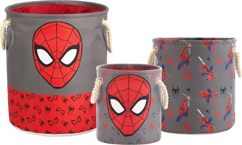 Marvel Spiderman - Juego de cestas de almacenamiento de juguetes de 3 piezas, cubos de tela anidables con asas de cuerda, organizador de varios