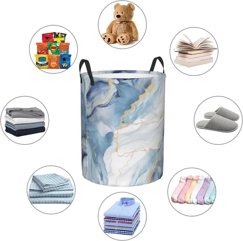 Miniatura 6 de Cesta circular con estampado de mármol blanco y azul, impermeable, cesta organizadora de lavandería, con asas, para ropa, juguetes, pequeña