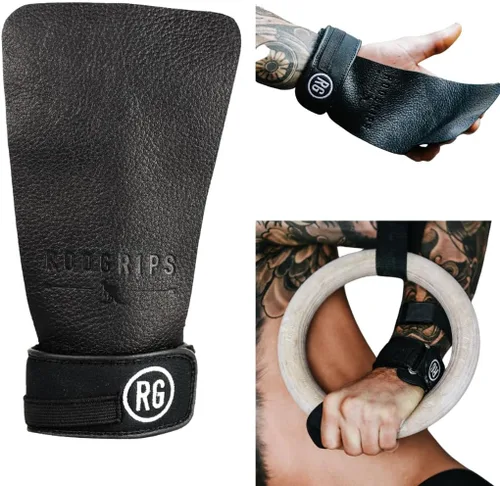 Miniatura 10 de RooGrips Empuñaduras de cuero prémium sin dedos para barras de gimnasia, entrenamiento cruzado, gimnasio y entrenamientos en casa, barras de Grano