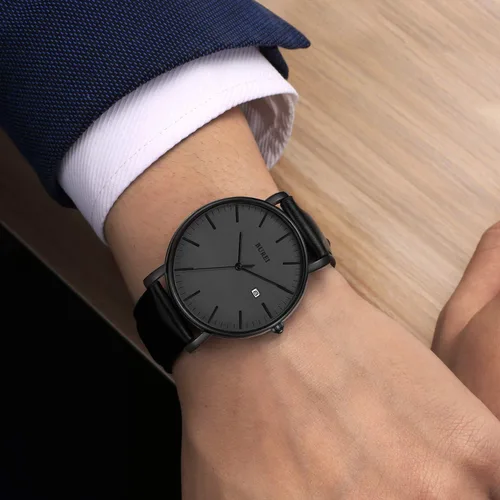 Miniatura 5 de BUREI Reloj de pulsera analógico de cuarzo ultra fino con fecha, calendario, correa de piel para hombres y mujeres