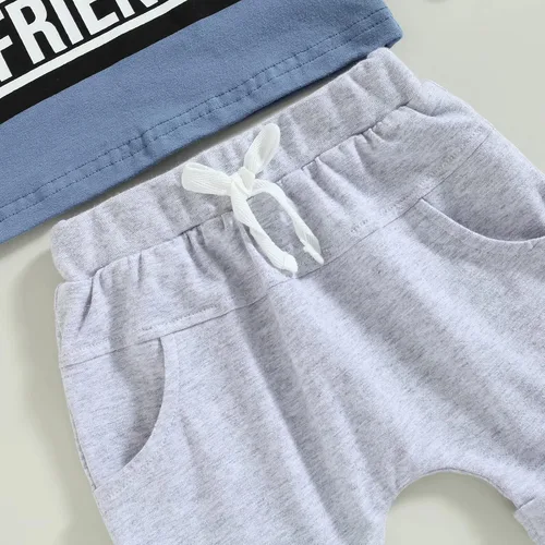 Miniatura 56 de Conjunto de traje de verano para bebé niño pequeño, manga corta, cuello redondo, letras impresas, lindo traje de verano, conjunto de 2 piezas