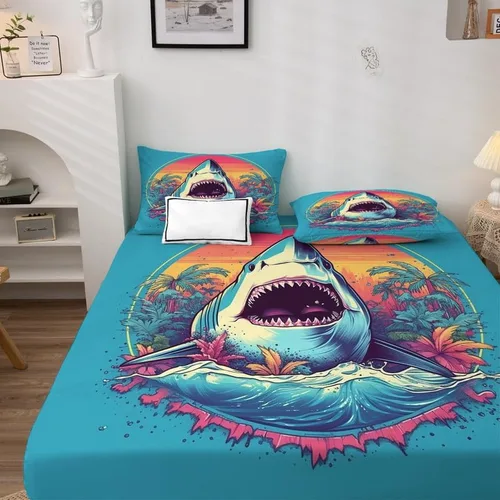 Miniatura 3 de Juego de sábanas de tiburón tamaño King, sábanas de microfibra suave y bolsillo profundo, sábanas y fundas de almohada estampadas sin arrugas, 4