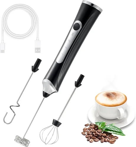 Miniatura 9 de Espumador de leche eléctrico de mano con 2 cabezas, batidor de espuma de café con USB recargable de 3 velocidades, licuadora de espuma para latte