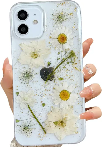 Miniatura 25 de LSEEKA Funda transparente para iPhone 13 Mini/iPhone 12 Mini con diseño de flores reales prensadas, con purpurina, bonito patrón floral blanco, Oro