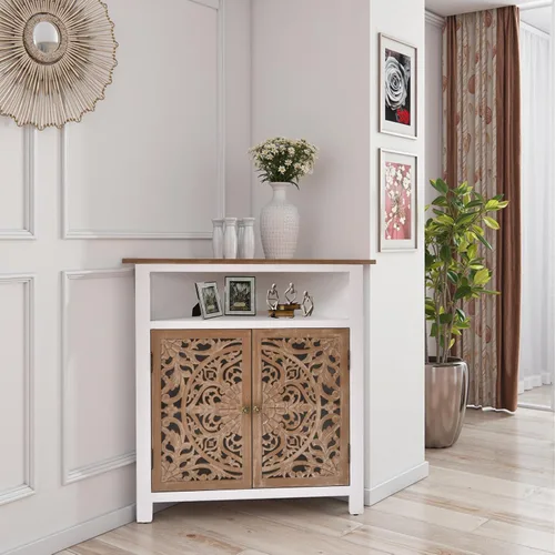 Miniatura 7 de Ahokua Armario esquinero bohemio, organizador estrecho con puertas florales talladas, armario de almacenamiento con estante ajustable y Blanco