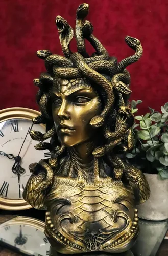 Miniatura 9 de Ebros Gift Mitología griega Hermanas Gorgona Diosa Medusa con Serpientes Salvajes Pelo y Escamas Blindadas Estatua de busto de piel de 10 pulgadas