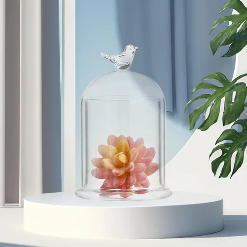 Miniatura 6 de CHGCRAFT Cubierta de cúpula de cristal con diseño de pájaro en forma de arco con base de vidrio, vitrina decorativa para portavelas, plantas