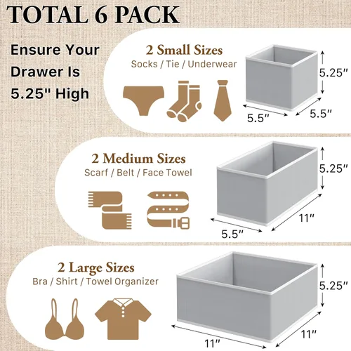 Miniatura 2 de Simple Houseware Organizador de cajones de ropa interior para lencería, ropa interior, brasier, bragas, calcetín, mameluco, juego de 6, gris