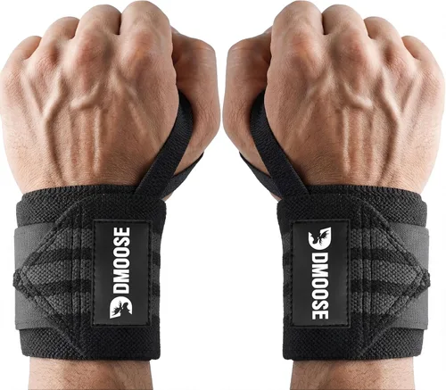 DMoose Fitness Muñequeras para levantamiento de pesas de 18 pulgadas – Envoltura de gimnasio resistente con lazo para el pulgar para apoyo y alivio
