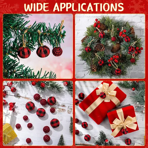 Miniatura 4 de 60 mini adornos de bola de Navidad, bolas envueltas de tela de búfalo, bolas decorativas para árbol de Navidad, corona colgante para decoración