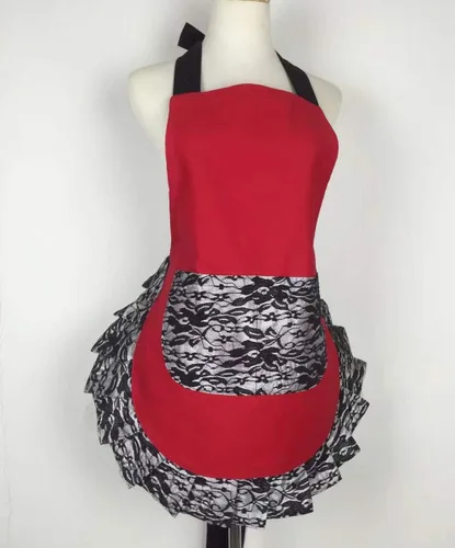Miniatura 7 de Hyzrz Bonito delantal de encaje coqueto con bolsillo, divertido delantal retro sexy de cocina para mujeres y niñas (negro)