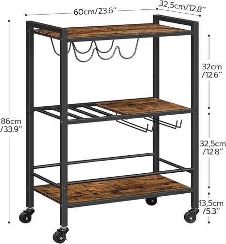 Miniatura 6 de HOOBRO Carrito de bar, carrito de café de 3 niveles con ruedas, carrito de cocina, carrito de vino con estante para vino y soporte para vidrio