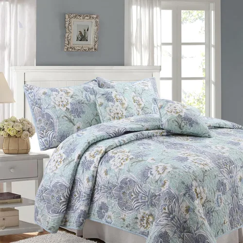 Miniatura 8 de Cozy Line Home Fashions Nina Trista Flowers - Juego de ropa de cama reversible 100% algodón con cinta azul aguamarina, estampado floral gris, colcha
