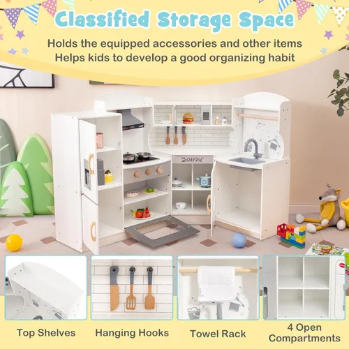 Miniatura 5 de HONEY JOY Juego de cocina esquinera para niños, cocina de madera definitiva para niños pequeños, lavadora, máquina de hielo, fregadero, microondas