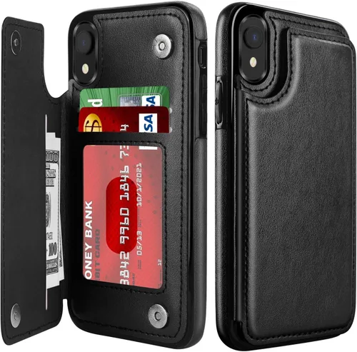 LETO Funda de piel tipo cartera para iPhone XR, con ranuras para tarjetas con función atril para niñas y mujeres, color negro