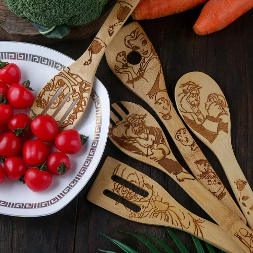 Miniatura 5 de Beauty and the Beast Juego de cucharas de madera quemadas para cocinar y servir, cuchara de bambú ranurada, utensilios de cocina, idea de regalo