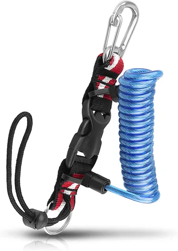 Cordón de buceo, cordón en espiral de acero inoxidable resistente con hebilla de liberación rápida y correa de banda de bandera de buceo para Azul