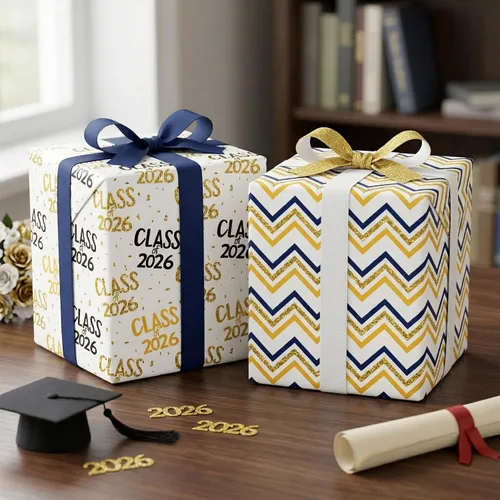 Miniatura 5 de WAPLIGHAL Papel de regalo de graduación para clase de 2026 – Gorras de graduación, diplomas, estrellas y lo hiciste en negro, color dorado, papel
