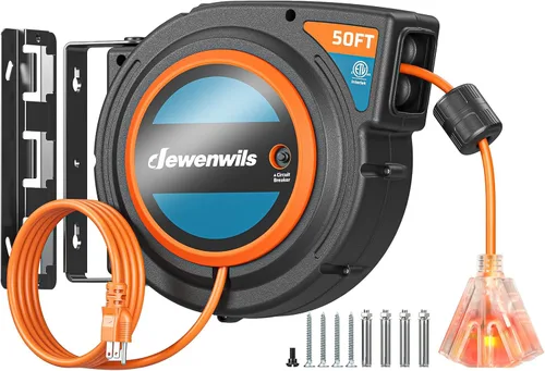 Miniatura 8 de DEWENWILS Carrete de cable de extensión retráctil, cable de alimentación resistente de 50 pies, 14AWG/3C SJTOW, 3 tomas de tierra con triple llave