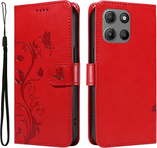 Miniatura 32 de Funda para Motorola Moto E22/E22i, piel sintética, con tarjetero y correa para la muñeca, a prueba de golpes, funda magnética para Motorola Moto Rojo