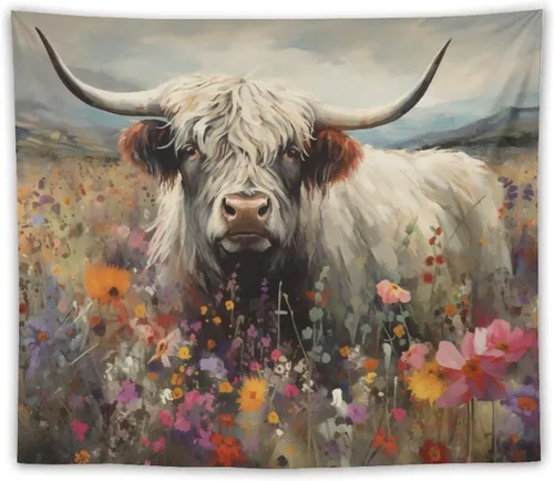 Miniatura 11 de FeoYoed Tapiz de vaca de las montañas para colgar en la pared, estético, lindo y divertido animal, decoración floral, dormitorio, sala de estar