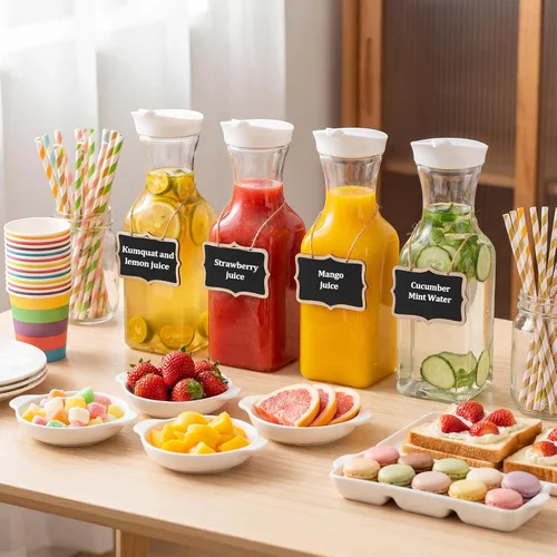 Miniatura 5 de Jucoan Paquete de 4 jarras de jugo de plástico de 1 litro con tapas para barra de mimosa, brunch, jarras de agua transparente con tapa abatible