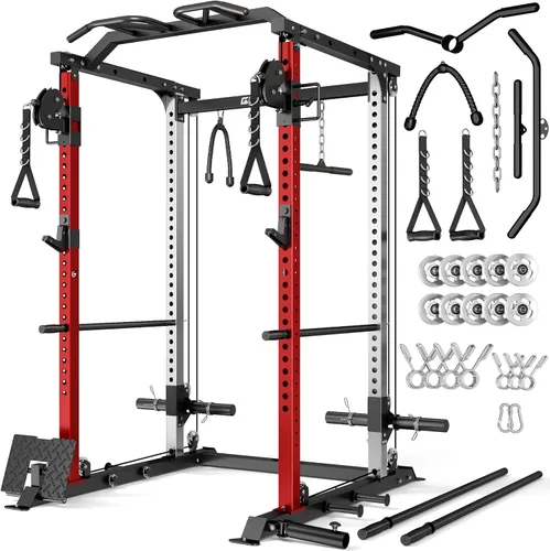 Miniatura 30 de DP01 - Jaula de potencia, estante para sentadillas de 2000 libras con cable cruzado y sistema de polea doble independiente, jaula completa para Rojo