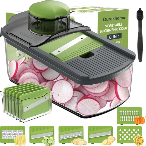 Ourokhome Cortador de mandolina para cocina, rallador de verduras seguro para manos con 6 cuchillas de mandolina, cortador de gofres para papas,