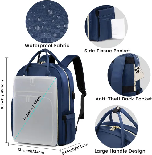 Miniatura 4 de LOVEVOOK - Mochila para portátil de mujer, mochila de trabajo de moda con puerto USB, mochilas impermeables para el trabajo., Azul marino, 17,3 pulg.
