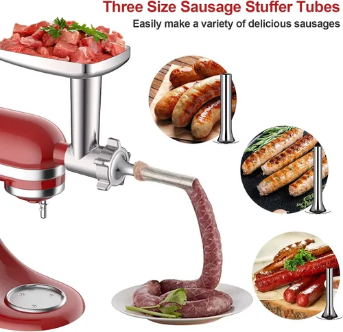 Miniatura 4 de COFUN Picadora de carne para batidora KitchenAid, molinillo de alimentos de metal con 4 placas de molienda, 3 tubos de relleno de salchichas, 2