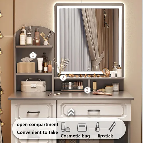 Miniatura 3 de Vanity Desk with Mirror and Lights,Makeup Vanity,Small Vanity Table for Bedroom,Classified Storage, Large-Capacity Desktop, Open Storage