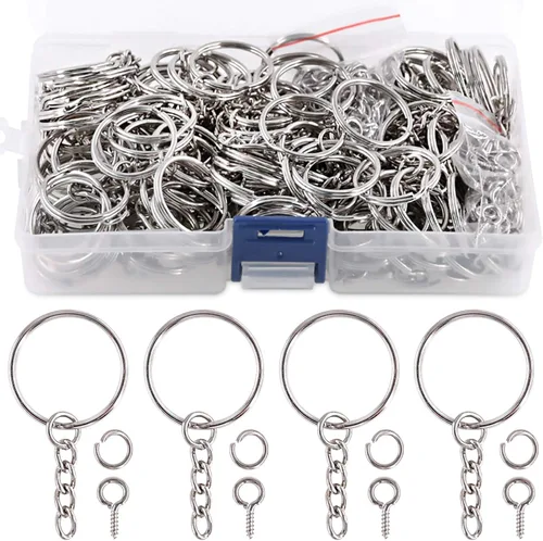 Miniatura 18 de Swpeet Juego de 450 llaveros planos negros de 4/5 pulgadas de 0.787 in, incluye 150 llaveros divididos con cadena y 150 anillos de salto con 150