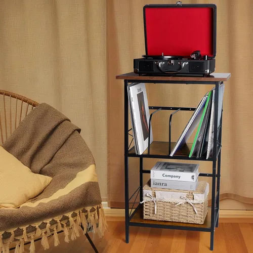 Miniatura 7 de Soporte para tocadiscos con 4 divisores ajustables, almacenamiento de discos de vinilo con capacidad para 200 LPs, mesa auxiliar de 3 capas, mesa