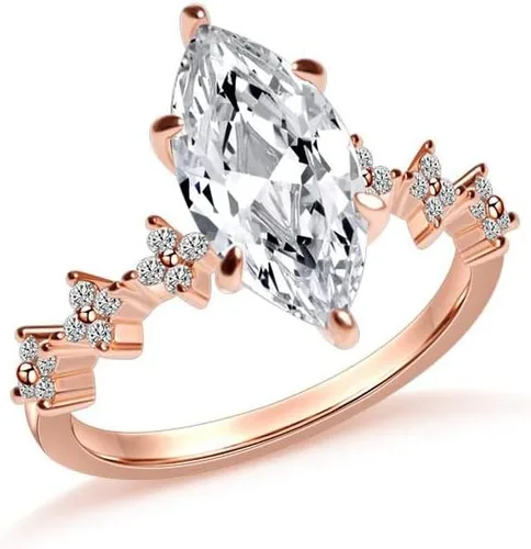 Miniatura 2 de Anillo de compromiso chapado en oro rosa con circonita cúbica transparente de corte marquesa para mujer, anillo de boda con halo de diamantes