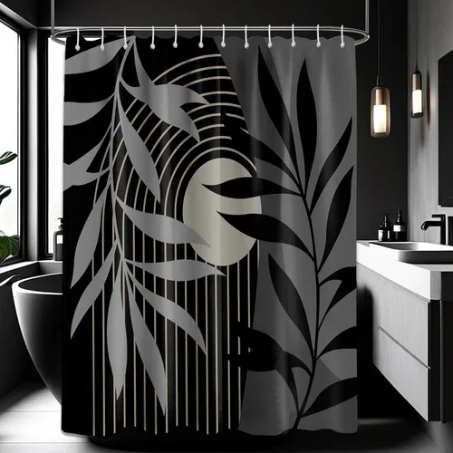 Miniatura 41 de Cortina de ducha bohemia en negro y gris, cortinas de ducha modernas de mediados de siglo negro y gris para baño, juego de tela impermeable