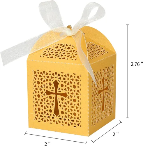 Miniatura 4 de KPOSIYA Paquete de 70 cajas de regalo de bautismo, cajas de dulces cortadas con láser con cintas, cajas de regalo pequeñas para baby shower, Dorado