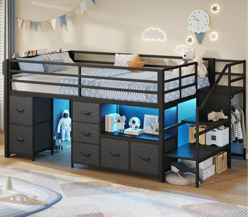Miniatura 16 de ADORNEVE Cama baja tipo loft tamaño individual con 7 cajones de almacenamiento, estantería y luces LED, cama alta de metal para niños con barandilla