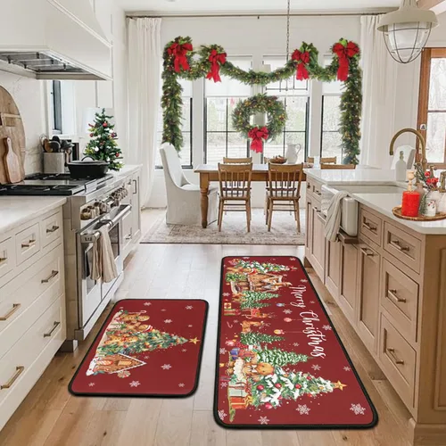 Miniatura 2 de Juego de 2 alfombras de cocina de Navidad, muñeco de nieve, árbol de Navidad, antideslizantes, lavables, decoración de cocina de invierno y Navidad