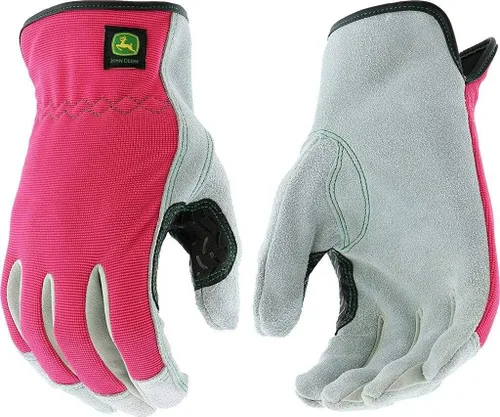 John Deere JD00016-WML Guantes de cuero de vaca divididos - [1 par] Guantes de trabajo para mujer, rosa y negro