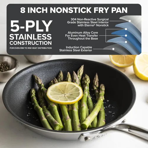 Miniatura 2 de VIKING Culinary Professional - Sartén antiadherente de acero inoxidable de 5 capas, 8 pulgadas, mango ergonómico que se mantiene fresco, apto