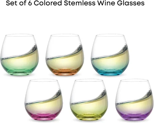 Miniatura 5 de Juego de copas de vino sin tallo JoyJolt Hue, juego de 6 copas de vino sin tallo grandes de 15 oz para agua, vino blanco o tinto, vasos cortos
