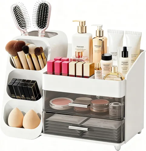 Organizador de maquillaje con soporte para brochas para tocador, espaciosa vitrina de cosméticos con 2 cajones, el organizador de tocador de baño