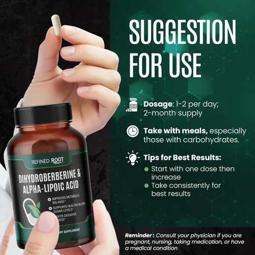 Miniatura 4 de Suplemento de dihidroberberina de raíz refinada de 300 mg con ácido alfa lipoico de 600 mg - Suplemento de berberina extra fuerte con ácido alfa