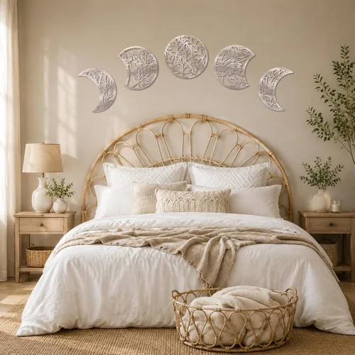 Miniatura 11 de Jetec 5 piezas de arte de pared de fase lunar para colgar en la pared, frontones de madera, fase lunar espiritual, dormitorio, nórdico, bohemio
