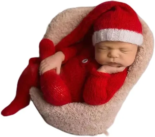 Miniatura 13 de Ropa de Navidad para recién nacido, accesorios para sesión de fotos, ropa de ganchillo, pantalones de sombrero rojo de Papá Noel, accesorios