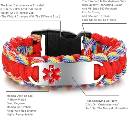 Miniatura 35 de Pulsera de alerta médica Paracord para hombres y mujeres Pulsera de identificación médica de acero inoxidable con hebillas de liberación lateral